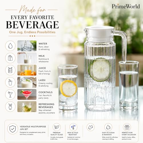 Image of PrimeWorld 2 Pcs Stripe Glass Jug with Lid, 1.1Liters Each, Multipurpose Jug, Transparent Beverage Carafe for Home, Office, Pitcher for Serve Water, Milk, Juice, Beverage, Lassi, Cocktail
