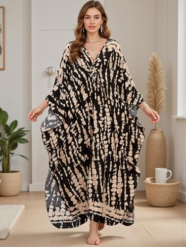 Image of IMAGEKOPE Women's Plus Size Animal Print V-Neck Batwing Kaftan Beach Dress Bathing Suit Cover-Up Loungewear