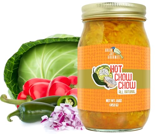 Green Jay Gourmet Relish - Hot Chow Chow Relish - Hot Southern Relish & Spread - USA Made - For Burgers, Hot Dogs, Sandwiches & More - Gluten-Free, No MSG & Small-Batch - 16 Ounces