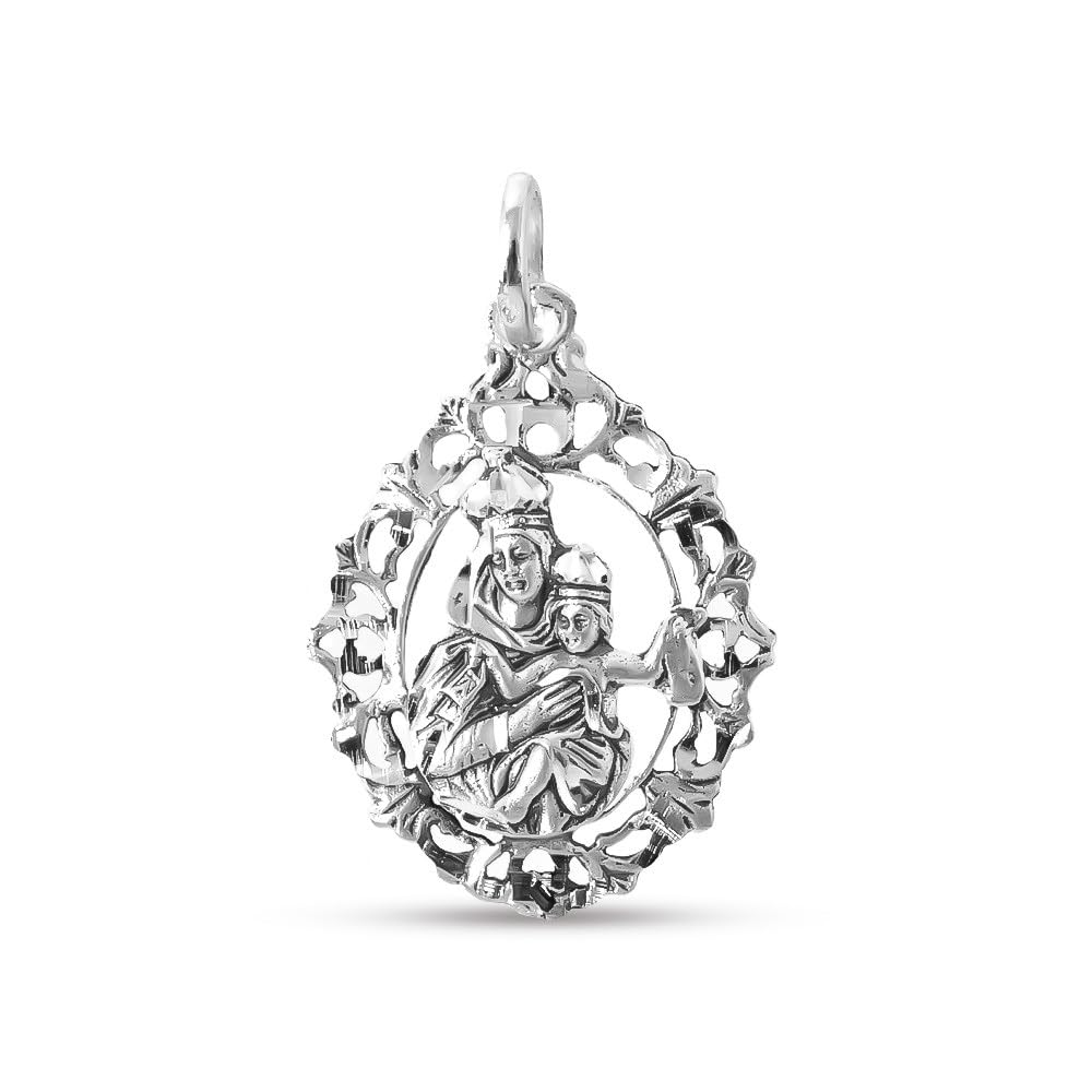 Virgen del Carmen Medalla Plata Ley 925m maciza 30mm. ovalada cerco calado