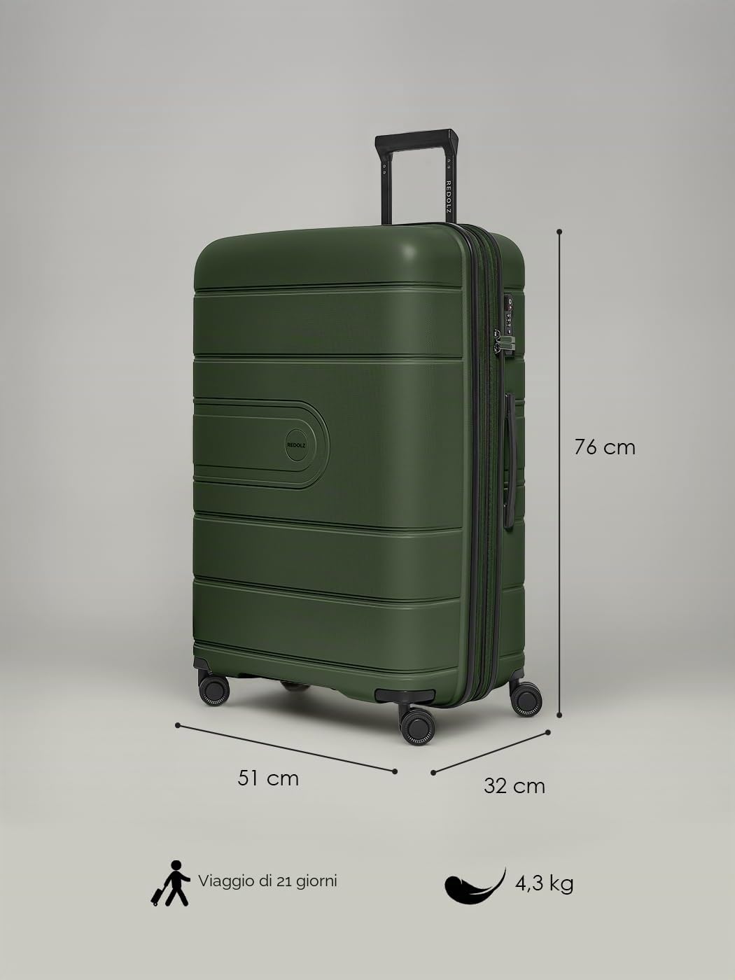 REDOLZ valigia grande 76 cm rigida espandibile TSA 4 ruote bagaglio da stiva Essentials 11+