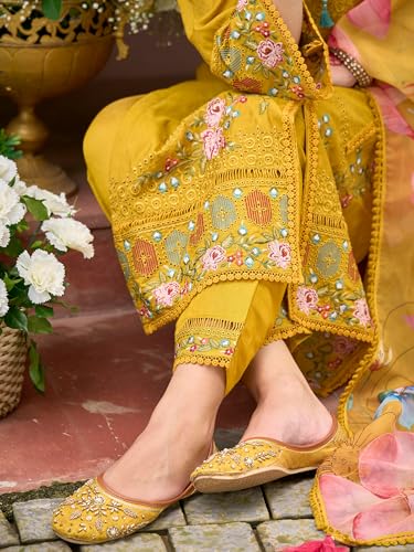 Image of INDO ERA Womens Silk Blend Embroidered Straight Kurta Pant Dupatta Set (IEOUT6989)