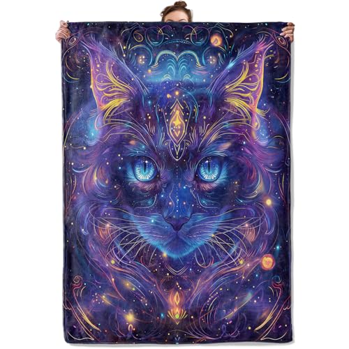 TRYYN Cosmic Galaxy Purple Cat Throw Blanket for Couch Picnic Camping Bedroom Decor, Noble Nebula Kitty Pattern, Super Soft Cozy Plush Fluffy Fleece Blankets Gifts for Pet Lovers, 60x50 Inch