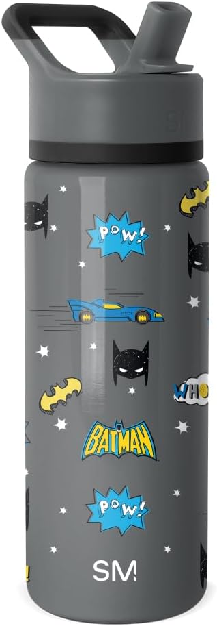 Kids Summit Water Bottle with Straw Lid | DC Comics Batman 18oz Stainless Steel Cup Insulated Tumbler for Boys, School | Batman POW!