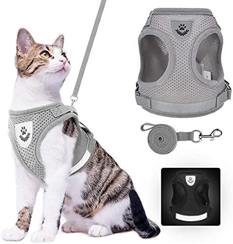SCIROKKO Cat Harness and Leash Escape Proof - Kitten Vest Harness with Magic Tape Adjustable (M, Grey)