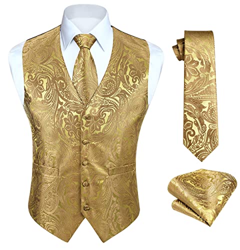 Image of HISDERN Mens Vest Tie Set 3PC Formal Waistcoat Paisley Floral Jacquard Necktie Pocket Square Suit Vests Wedding Party