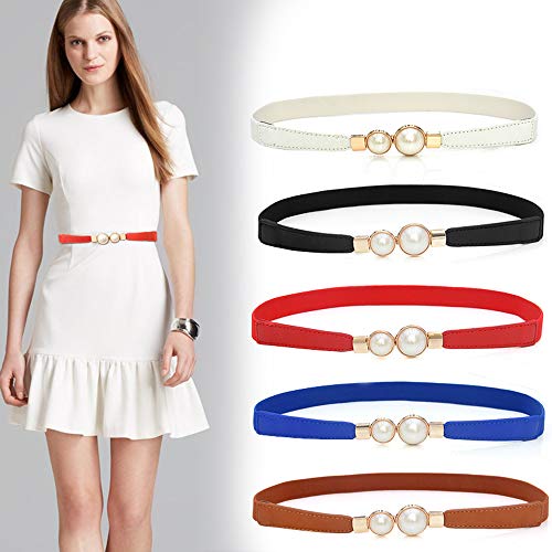 2 Pack Women Retro Elastic Stretch Belt for Dresses Pearl Metal Buckle Skinny Waist Belt Waistband 2cm Wide2