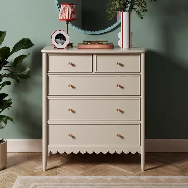 RUSTIC ROOTS Scalloped Wooden Chest of Drawers - 5 Drawer Dresser- Timeless Elegance for Your Home - Handcrafted with Care (‎Off White).