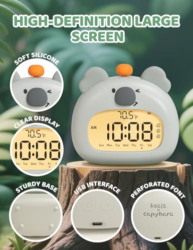 BANDIANCY Koala Alarm Clock with Night Light for Kids, Dimmable Digital Clock, 3 Alarms, Snooze, USB-C Rechargeable, Temperature Display, Cute Bedroom Decor & Mindfulness Gift for Boys, Girls, Teens - Image 4