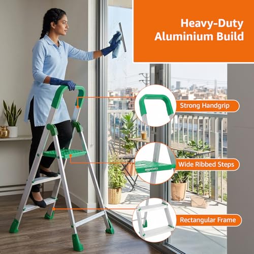 Image of Amazon Basics Clamber Pro - Foldable Step Ladder, Firm Grip, 3 Steps (Aluminium Steps, Green & Satin)