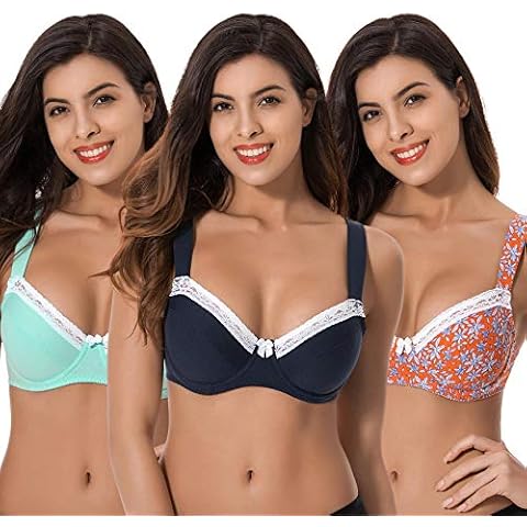 Curve Muse Women's Plus Size Underwired Unlined Balconette Cotton Bra-3Pack-Navy,Lt Green,Orange Print-36DD (EU:80E) Cover