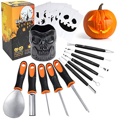 OWUDE Conjunto de tallado profesional de Calabaza, 11 piezas de herramientas de escultura al acero inoxidable con mango de carga pesada & soporte de calavera y 6 piezas de plantillas de talla de papel