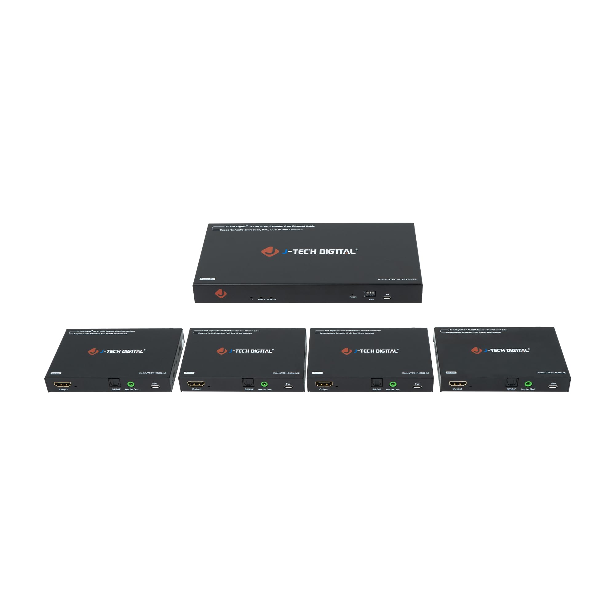 J-Tech Digital HDMI Extender Splitter 4K 60Hz 1 in 4 Out Over Single Cat5e/6 Ethernet Cable Up to 196ft. Supports 4K Downscale Audio Extraction PoC EDID Switch by [JTECH-14EX60-AE]