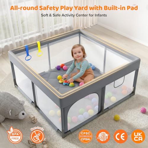 Image of Dripex Baby Playpen, 47 inchx47 inch Small Play Pen for Babies, Light Grey | With Buildmat /Colorful Balls / Pull up Rings, Breathable Visible Mesh, Easy Setup, Indoor /Outdoor Use