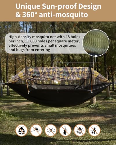 Image of Camping Hammock Tent with Mosquito Net and Sunshade, Extra Large for 2 Person, Lightweight Hanging Hammocks Tree Straps, Bivvy Ground Tent for Outside, Hiking, and Travel