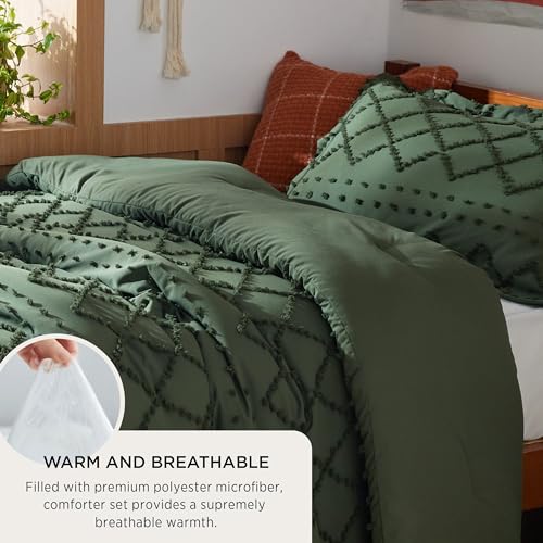Image of Bedsure Twin Comforter Set - Olive Green Comforter, Boho Tufted Distressed Vintage Bedding for Kids, 2 Pieces Farmhouse-Style Bed Set for All Seasons, Fluffy Soft Bedding with 1 Pillow Sham