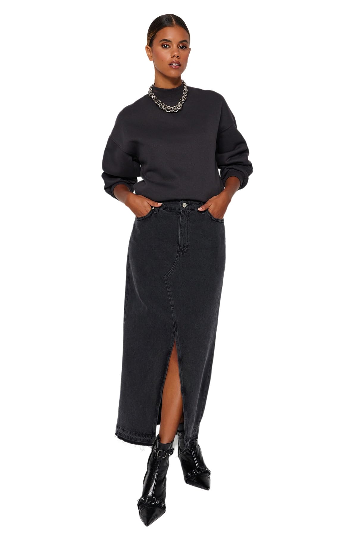 Trendyol, Black Slit Maxi Denim Skirt TWOSS23ET00289, Negro, 40, Negro, 42