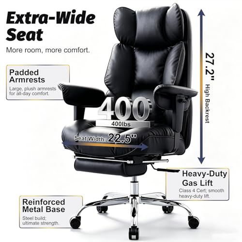 Image of Efomao Executive Office Chair 400lbs, Black Big and Tall Desk Chair | Mattress-grade pocket spring cushion, sleek leather, 135 recline & footrest for computer gaming setup.