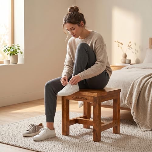 Image of CARTADEN Wooden Stool for Sitting, 11.5 in Solid Wood Chair Footrest Crafted Hand-Painted Stool for Living Room Bedroom Playroom Furniture Step Stool for Adult Toddler Children Square Corner