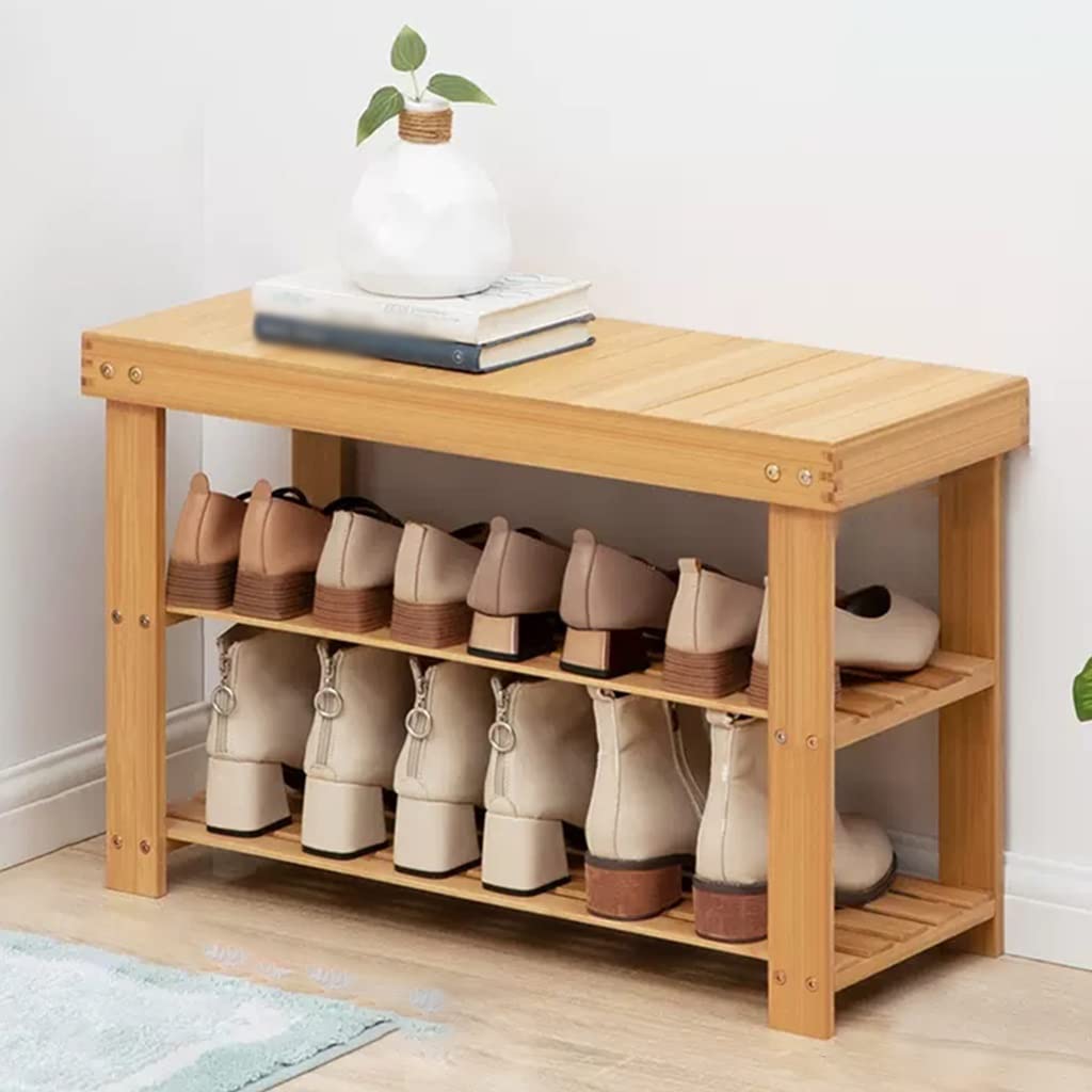 MYUYEE Bamboo Shoe Rack For Entryway, 3-Tier Shoe Rack Bench For Front Indoor Entrance, Free Standing Shoe Racks Shoe Cabinet Bench, Small Shoe Orga With Storage(/Natural-26Inch)