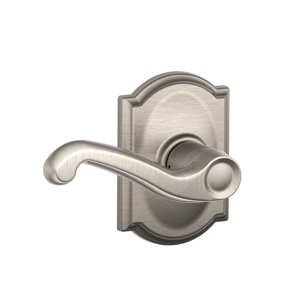 SCHLAGE F10-FLA-CAM Passage Flair Door Leverset with The Decorative Camelot Rose, Satin Nickel