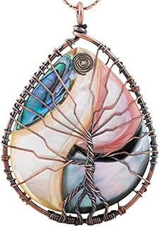 mookaitedecor Tree of Life Pendant Wire Wrapped Abalone Paua Shell Gemstone Necklace Healing Stone with Chain for Women