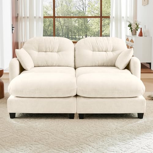 Image of KEIKI 74 inch Oversized Chenille Modular Sectional Loveseat Sofa with 2 Ottoman, High-Density Foam Cushions, Tufted Pleated Cushion Backrest, Modern 2-Seater Couch with 2 Pillow, for Living Room, Beige