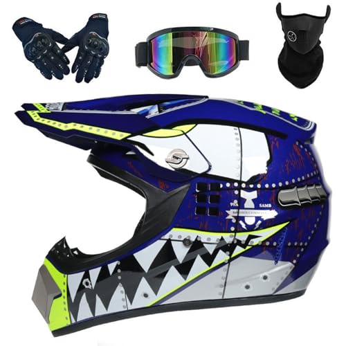 Casco Moto Niño 5-12 Años Casco Motocross Infantil Dot Casco Integral MTB con Guantes Gafas Máscara para MX Off Road ATV(#A1,M(54-55cm))