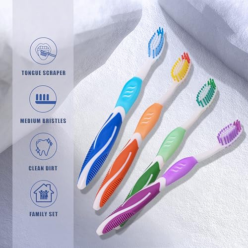 Image of DR.BRIGHT Toothbrush Medium Adults, Medium Toothbrushes for Adults with Tongue Scraper, Travel Toothbrushes with Ergonomic Handle, Assorted Colors, 8 Pack
