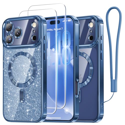 Coque magnétique pour iPhone Pro 6.3 avec paillettes et 2 verres trempés bleu foncé