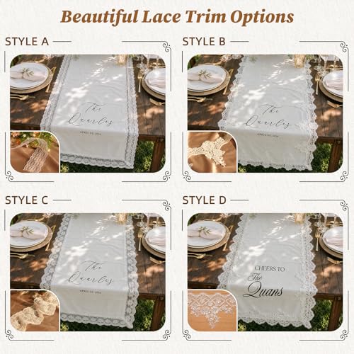 Image of Personalized Wedding Table Runner with Lace Trim, Custom Table Decor Banner | Customized Sweetheart Table Runner with Cheers to Lace Head Table Banner for Wedding Reception Engagement Party
