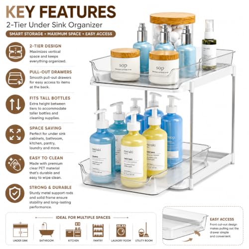 Image of Zollyss Under Sink Storage Organizer, 2 Tier Pull Out Cabinet Organizer for Kitchen & Bathroom, Under Sink Shelf Storage Rack, Multi-Purpose Space Saving Organizer with Sliding Drawers