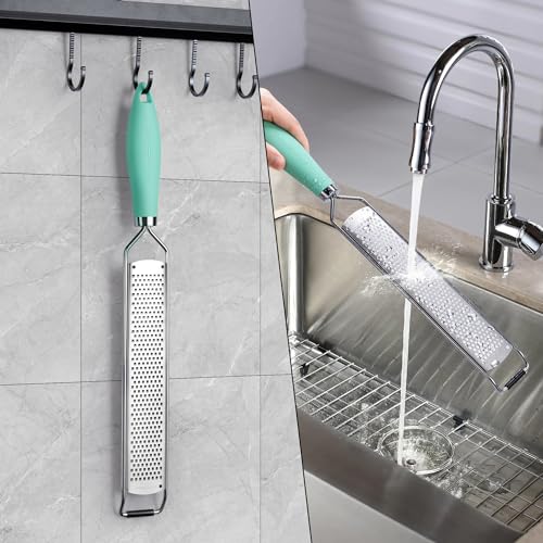 Image of Rainspire Zester Grater with Handle, Lemon Zester Cheese Grater for Kitchen Stainless Steel, Parmesan Cheese Garlic Nutmeg Chocolate Fruits Vegetables Ginger Grater, Fine, Mint Green
