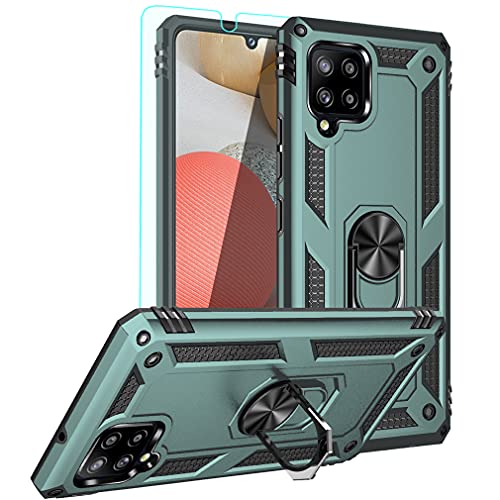 Galaxy A42 5G Case,Samsung A42 5GCase,with HD Screen Protector,YZOK [Military Grade] Ring Car Mount Kickstand Hybrid Hard PC Soft TPU Shockproof Protective Case for Samsung Galaxy A42 5G (Dark Green)