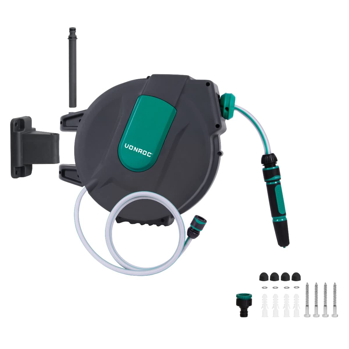 VONROC Enrollador automático de manguera 15 m con giro 180° | Color gris, 15 m, plástico resistente, manguera 3 capas, boquilla regulable, conectores rápidos, montaje mural incluido
