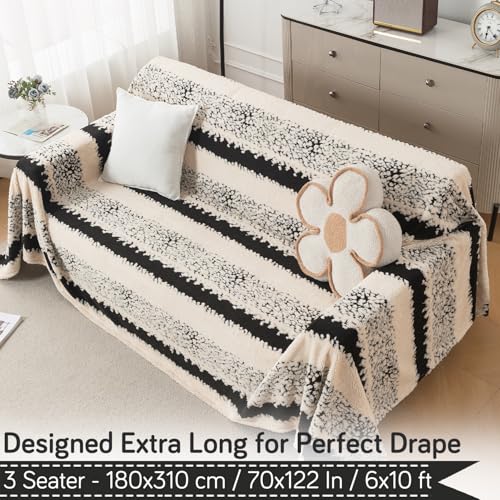 Image of HOKIPO Plush Sherpa Sofa Cover for 3 Seater Sofa | Thick Cozy Washable Sofa Throw | Full Protection Sofa Cover, 'Noirea Series' Textured Stripe (180x310 cm) (AR-6653-D2)