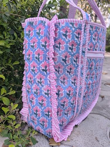 Large Size Indian Handmade Cotton Quilted Tote Bag Decorative Block Print Shoulder Bag Beautiful Women Travel Bag Vintage Floral Print Weekender Bags With Fringe4