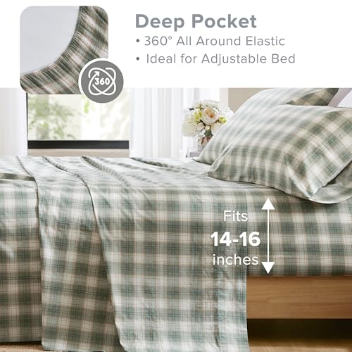 Comfort Spaces 100% Cotton Sheets Cal King, Breathable, Naturally Cool Cotton Sheets, Cotton Bed Sheets with 14" Elastic Pocket Fits up to 16" Mattress, All Seasons Sheet Set, Wesley Green 4 Piece