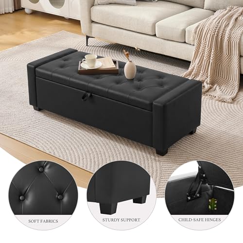 Image of Huatean Home 48 inch Ottoman with Storage, Storage Ottoman Bench with Safety Hinge, Upholstered Entryway Bench with Seating for Bedroom, Living Room, Holds up to 330 lb, Light Black