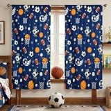 Coxila Kids Boys Curtains for Bedroom, 42 x 63 Inch Baseball Basketball Sports Window Treatments, Soccer Football Multi-Ball Pattern Soft Fabric Rod Pocket Drapes for Playroom, 2 Panels