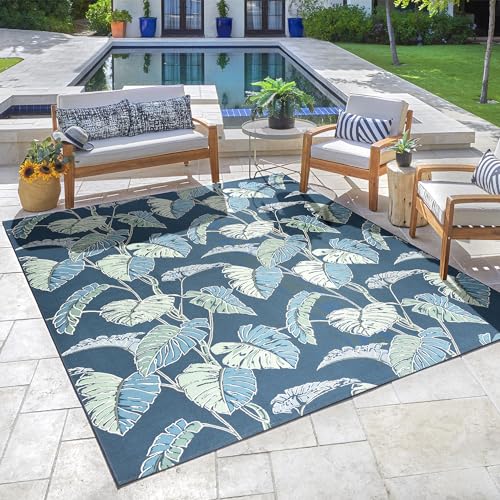Gertmenian Premium Printed Indoor Outdoor Rugs by Reyn Spooner - 5x7 Standard, Soft, Durable, & Washable Tropical Rugs for Deck, Patio or Living Room - Monstera Leaf, Navy, 46761