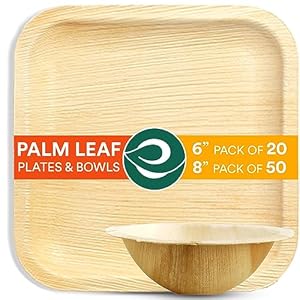 ECO SOUL 100% Compostable, Biodegradable, Disposable Palm Leaf Set 70 Count | Palm Leaf Plates 8″ Square 50 Count & Palm Leaf Bowls 6″ Round 20 Count | Wedding, Event, Party Pack Set