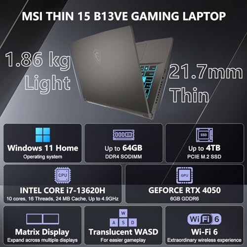 Image of msi Thin 15 Core i7 Gaming Laptop, GeForce RTX 4050, Intel Core i7-13620H, 15.6 inch 144Hz FHD IPS-Level, 64GB RAM, 4TB SSD, HDMI, Blue Backlit Keyboard, HD Webcam, Wi-Fi 6E, Windows 11 Home, w /Bundle