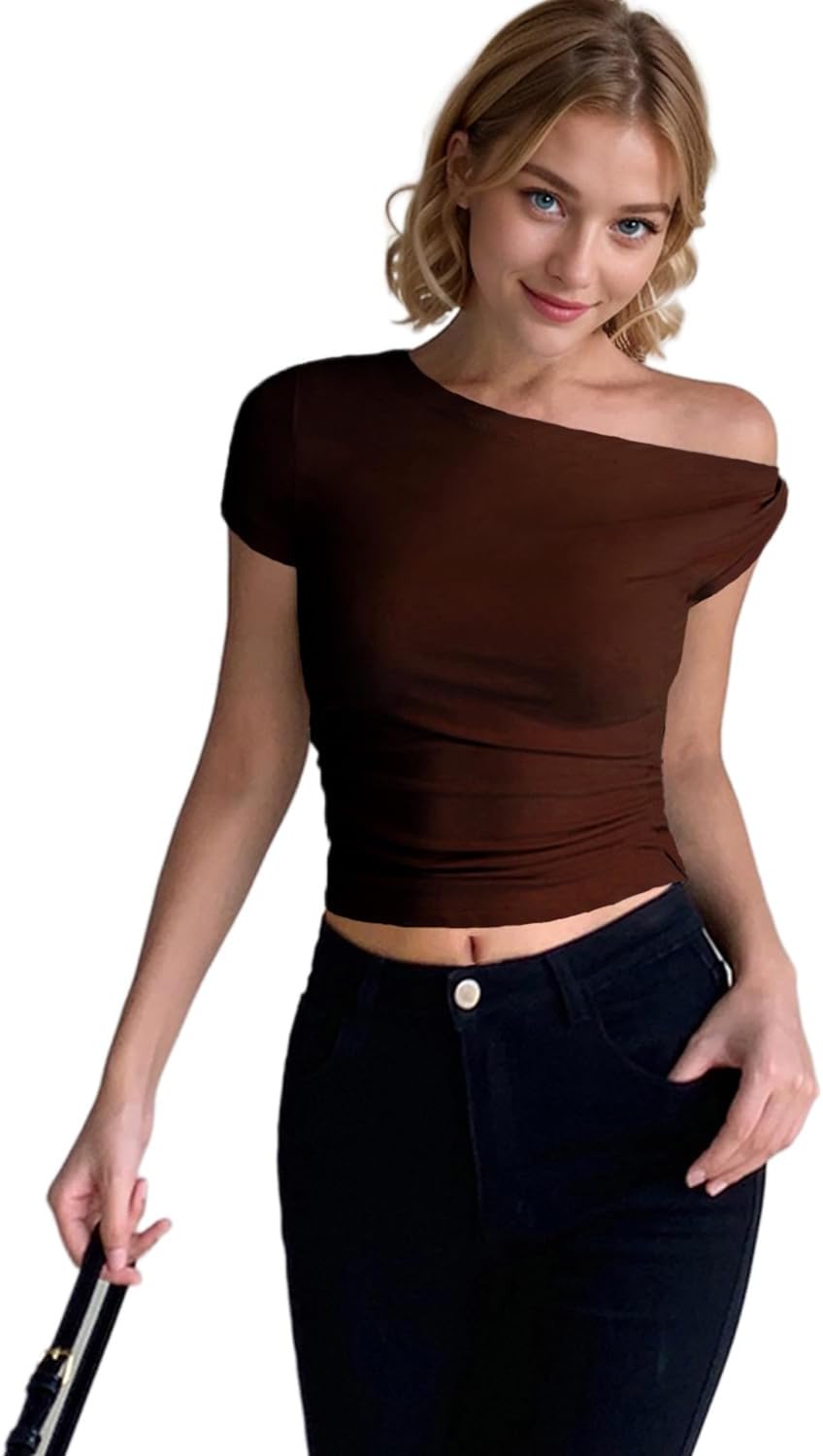 Sexy Off The Shoulder Tops for Women Boat Neck Basic Short Sleeve Slim Fit Tshirt Going Out Gym Workout Crop Tops Trendy tees