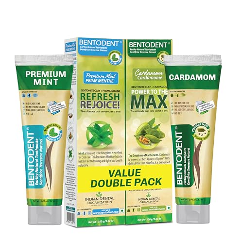 Image of Bentodent Calcium Bentonite Clay Toothpaste Fluoride-Free SLS Free Natural Toothpaste for Family Including Kids (Combo Pack (Mint & Cardamom))