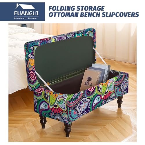 Image of FUANGUI Ottoman Cover Stretch Storage Ottoman Bench Slipcover Jacquard Folding Storage Bench Ottoman Cover Footrest Stool Slipcover Footstool Protector Cover with Elastic Bottom Fit Length,Large