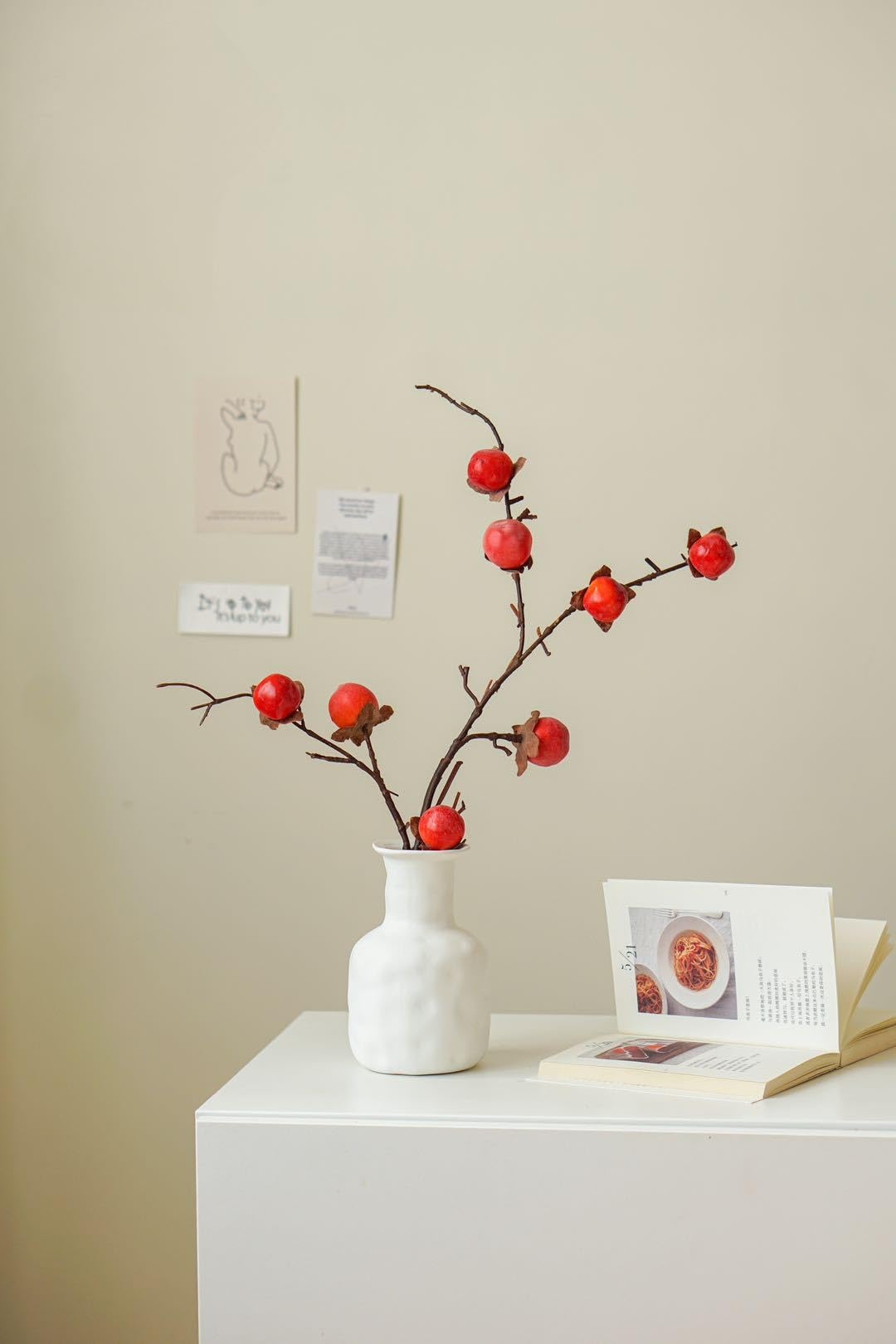 HONKERW fake flowers Artificial Flower Faux Small Persimmons Branches Fake Fruit For Tree Filler Home Vase Table Decorations No Vase artificial(Rot)