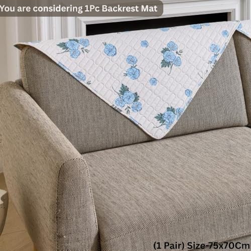 Image of HOMETHREADS Anti-Skid Sofa Protector Mat: Premium Printed Cotton Slipcover with Strong PVC Non-Slip Backing, (White Blue, 1Pc Backrest | 70x75cm)