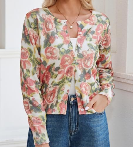 Women's Floral Cardigan Sweater Button Down Knit Long Sleeve Open Front Lightweight Casual Fall Outwear Cardigan Tops4