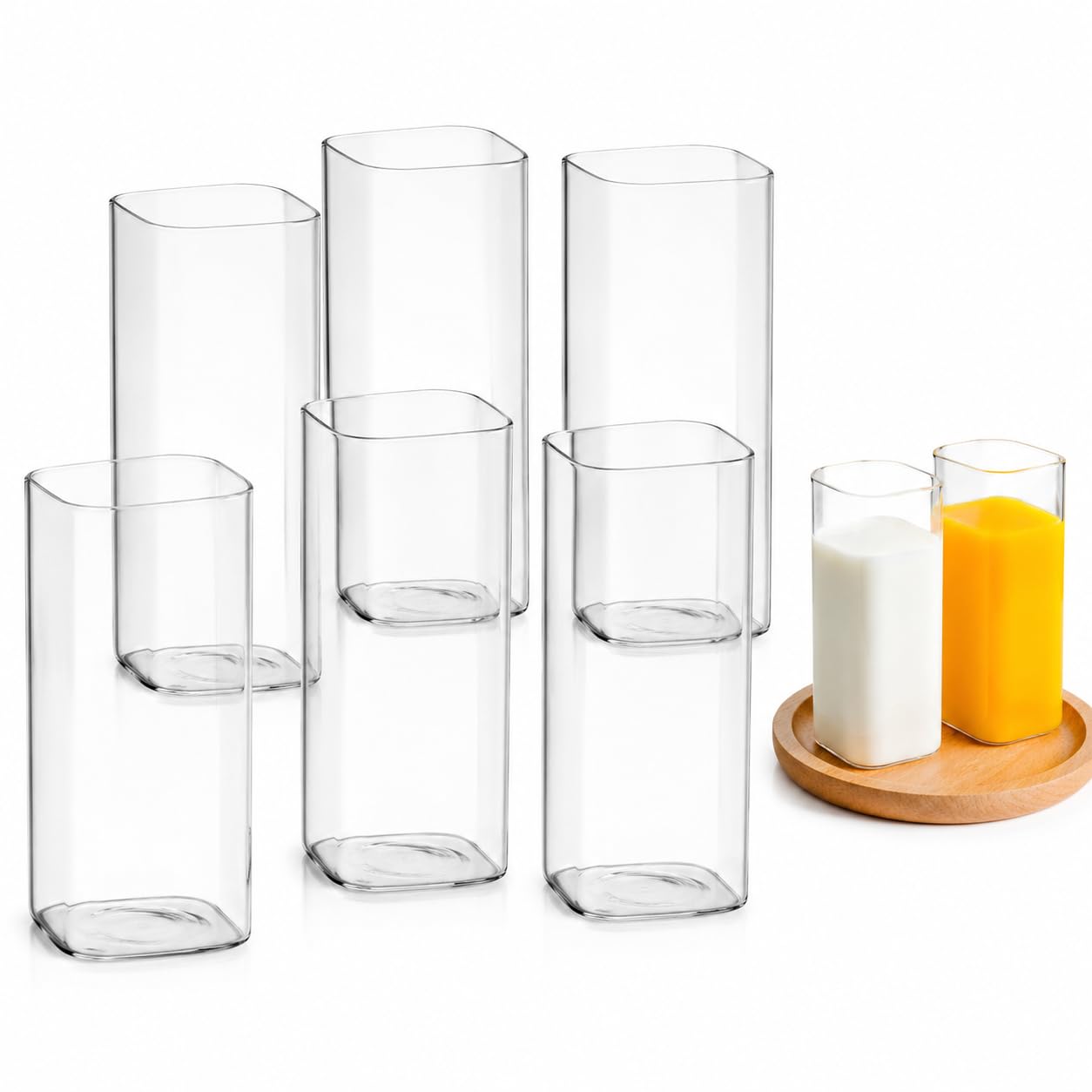 Angoily Kreatywne szklane kubki 30 x 15 x 18 cm kwadratowe szklanki do picia 400 ml do kawy, mleka, koktajli, wody i soku, domowe kubki koktajlowe, 6 sztuk